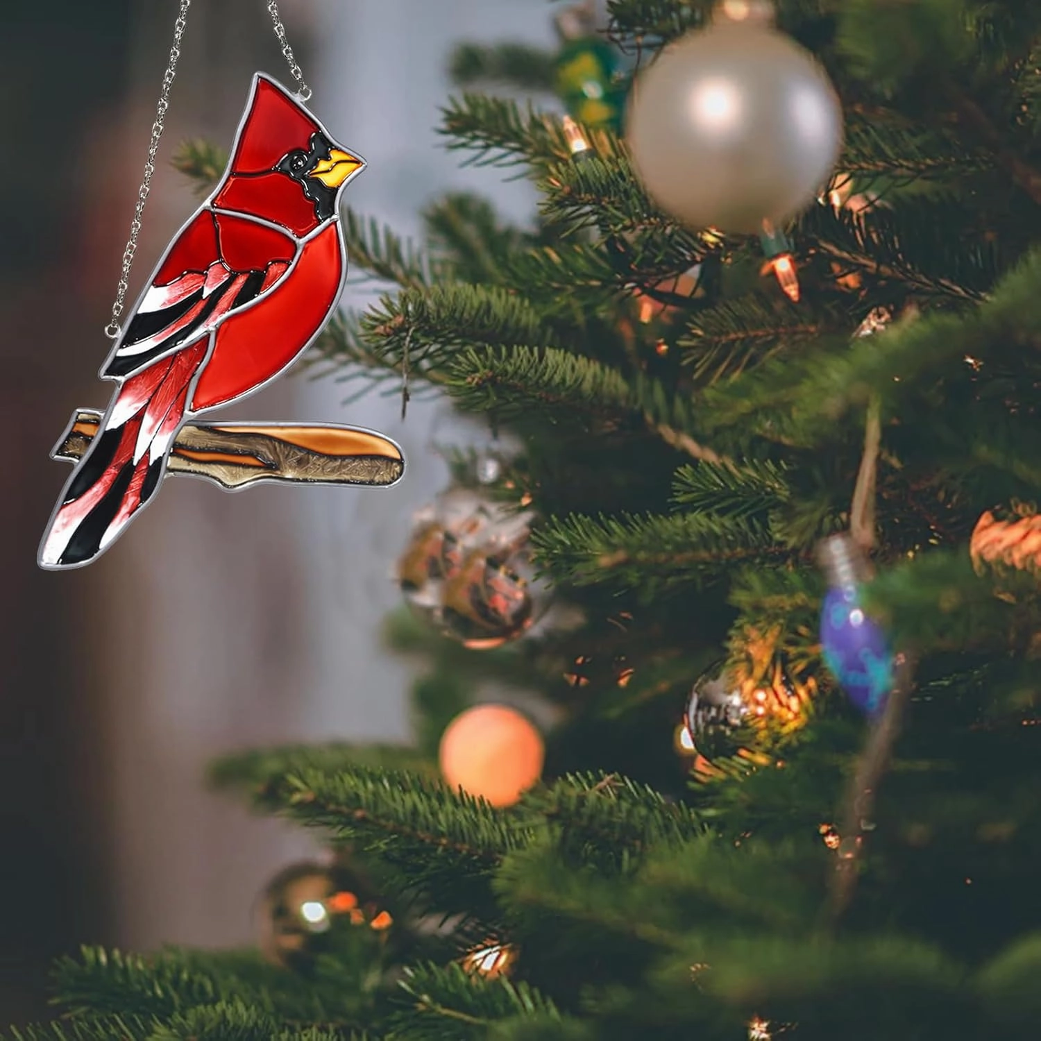 Hand Painted Red Cardinal Stained Glass on Branch Suncatcher Indoor Window Hanging Bird Ornament Garden Decor Cardinal Memorial Gifts for Women Bird Lovers Mom