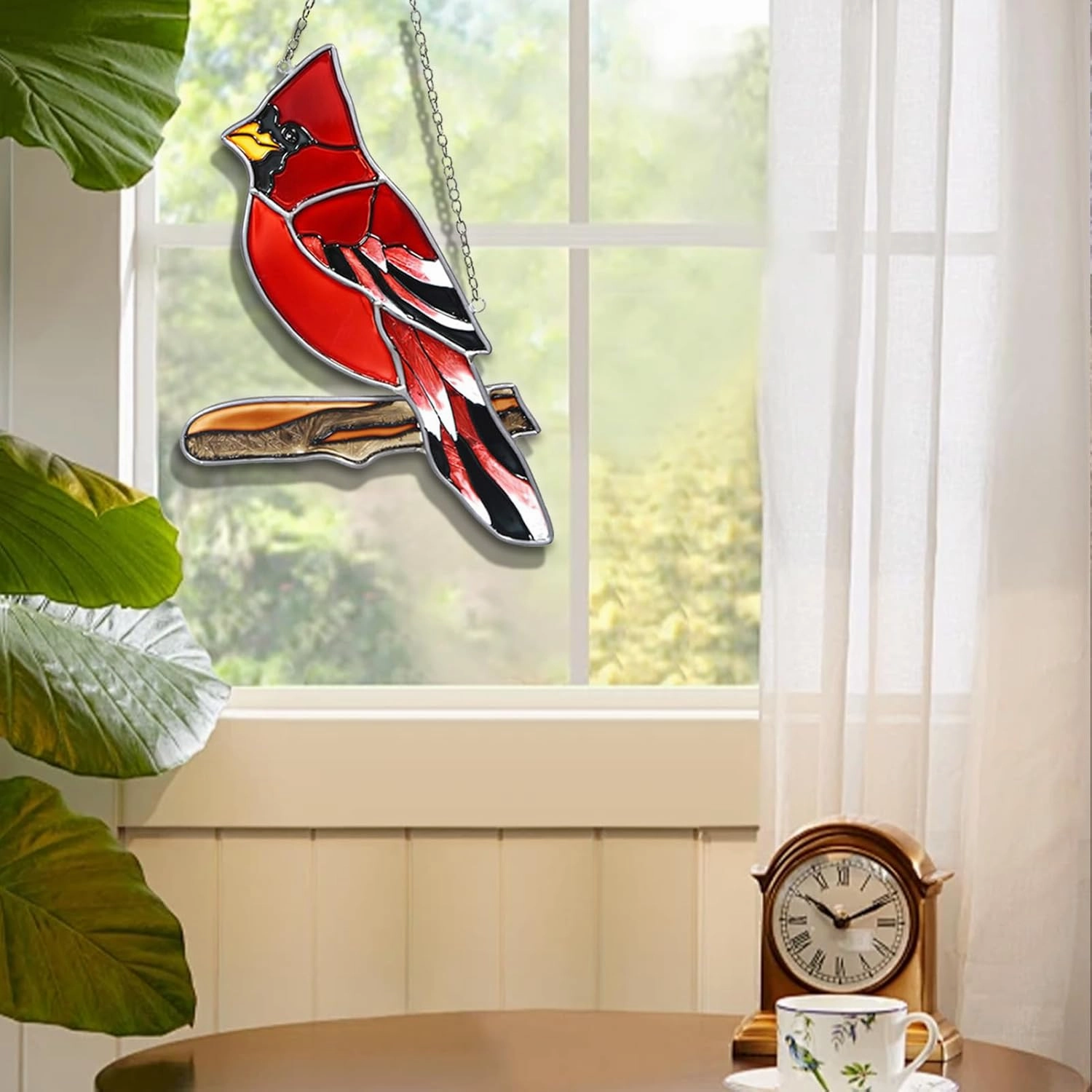 Hand Painted Red Cardinal Stained Glass on Branch Suncatcher Indoor Window Hanging Bird Ornament Garden Decor Cardinal Memorial Gifts for Women Bird Lovers Mom