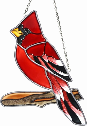 Hand Painted Red Cardinal Stained Glass on Branch Suncatcher Indoor Window Hanging Bird Ornament Garden Decor Cardinal Memorial Gifts for Women Bird Lovers Mom