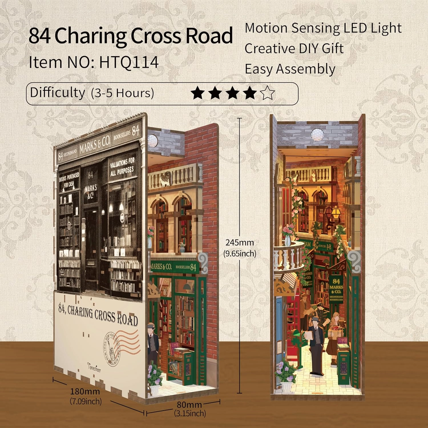 Hands Craft DIY Book Nook Kit - 84 Charing Cross Road Miniature Set - Laser-Cut Wooden Pieces & Warm LED Lights, Vintage Bookshelf Insert, Unique Craft Kit, Nice Gift