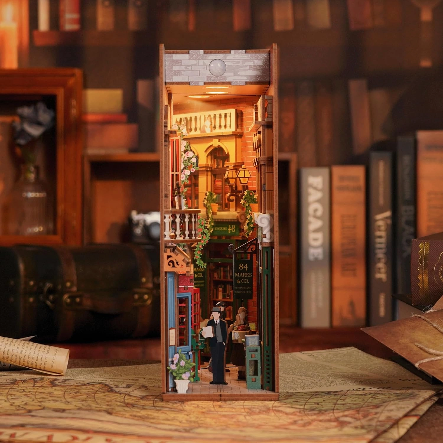 Hands Craft DIY Book Nook Kit - 84 Charing Cross Road Miniature Set - Laser-Cut Wooden Pieces & Warm LED Lights, Vintage Bookshelf Insert, Unique Craft Kit, Nice Gift