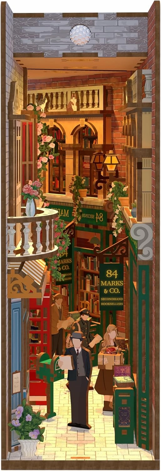 Hands Craft DIY Book Nook Kit - 84 Charing Cross Road Miniature Set - Laser-Cut Wooden Pieces & Warm LED Lights, Vintage Bookshelf Insert, Unique Craft Kit, Nice Gift