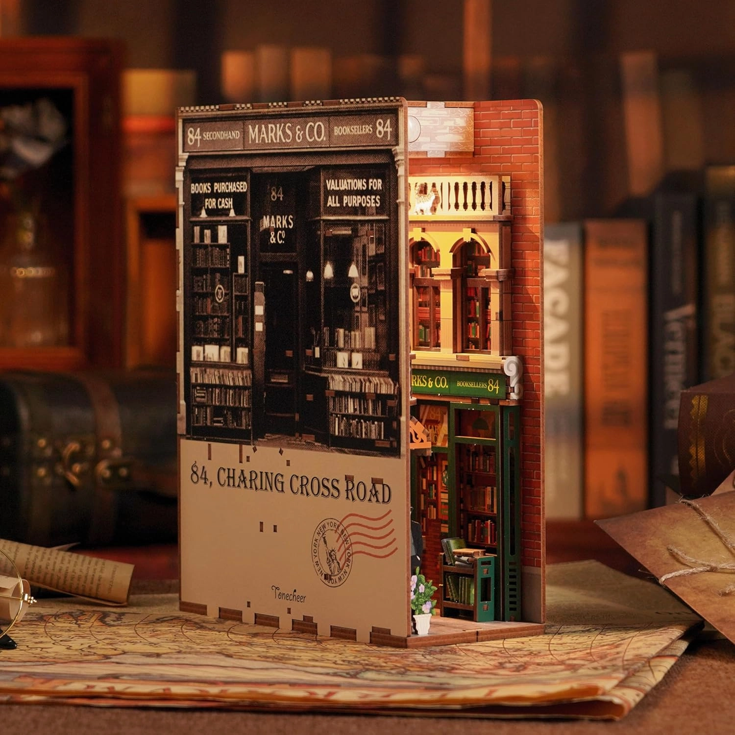 Hands Craft DIY Book Nook Kit - 84 Charing Cross Road Miniature Set - Laser-Cut Wooden Pieces & Warm LED Lights, Vintage Bookshelf Insert, Unique Craft Kit, Nice Gift