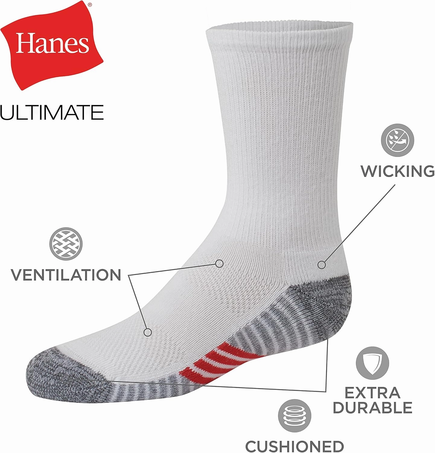 Hanes Ultimate Boys' Crew Performance Sport Socks, 10-Pair Packs