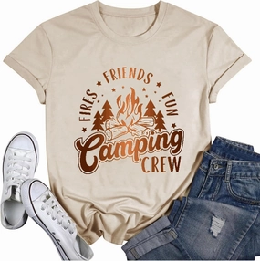 Happy Camp T-Shirt Women Hiking Mountain Adventure Novelty Workout Funny Saying Cute Graphic Athletic Shirt