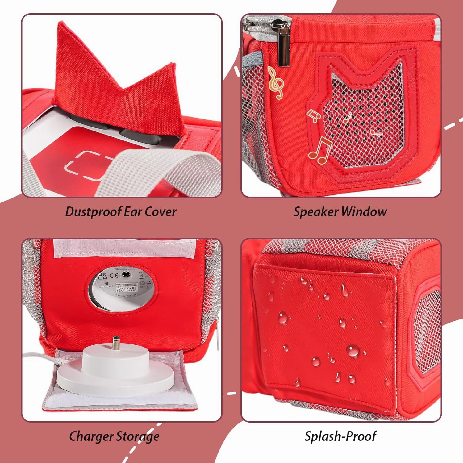 Hautton Carrying Case for Toniebox, Portable Storage Travel Bag for Tonies Figures Charging Station with Shoulder Strap Handle and Toniebox Ears Cover -Red