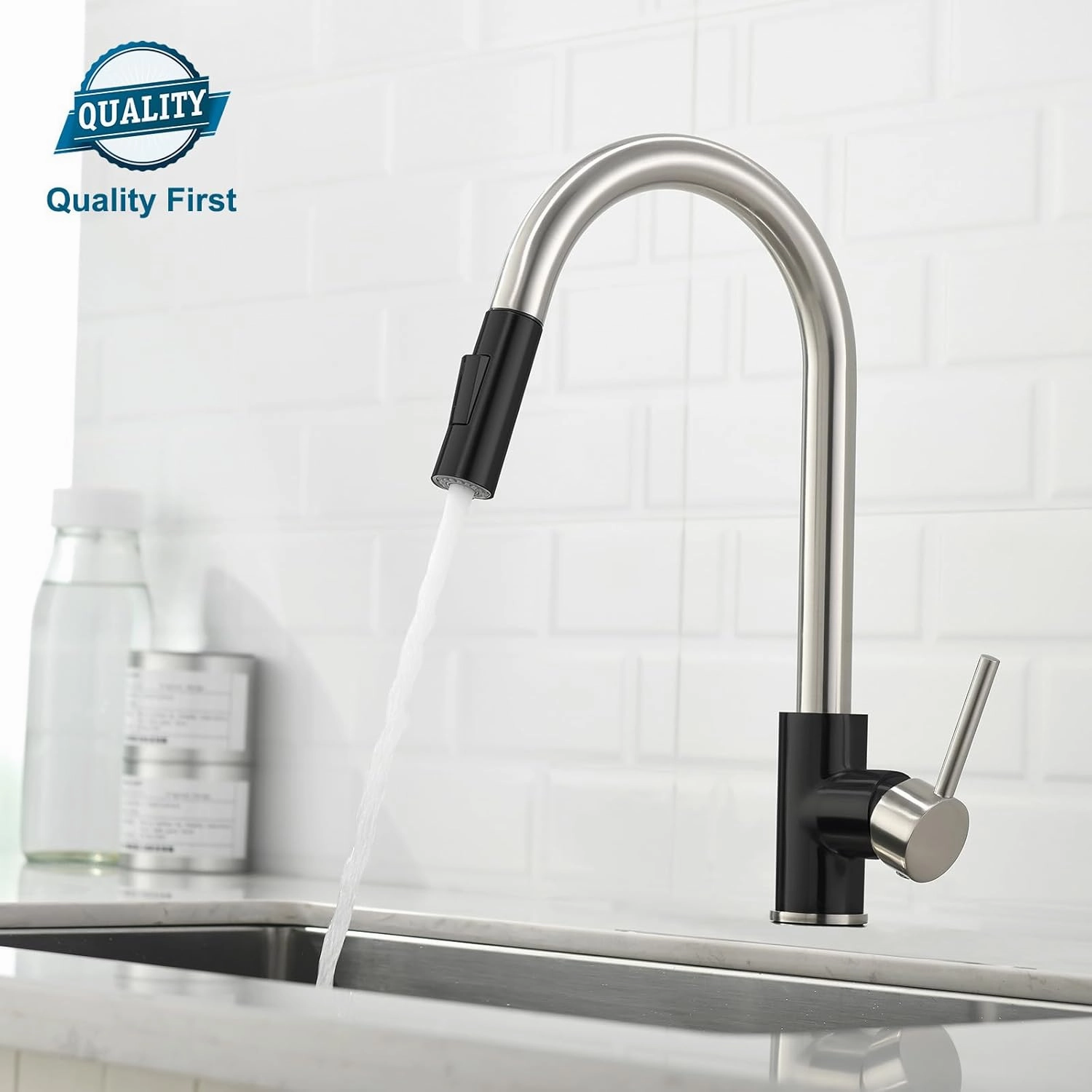Havin Brushed and Black Pull Down Kitchen Faucet with ABS Sprayer,High Arc Stainless Steel Material,with cUPC Ceramic Cartridge,Without Deck Plate,Fit for One Hole Kitchen Sink and Laundry Sink