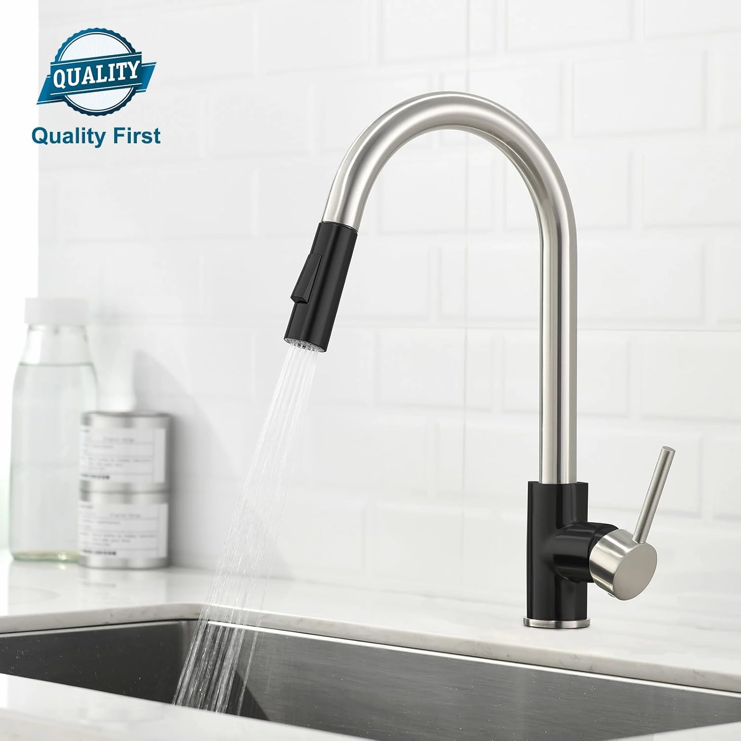Havin Brushed and Black Pull Down Kitchen Faucet with ABS Sprayer,High Arc Stainless Steel Material,with cUPC Ceramic Cartridge,Without Deck Plate,Fit for One Hole Kitchen Sink and Laundry Sink