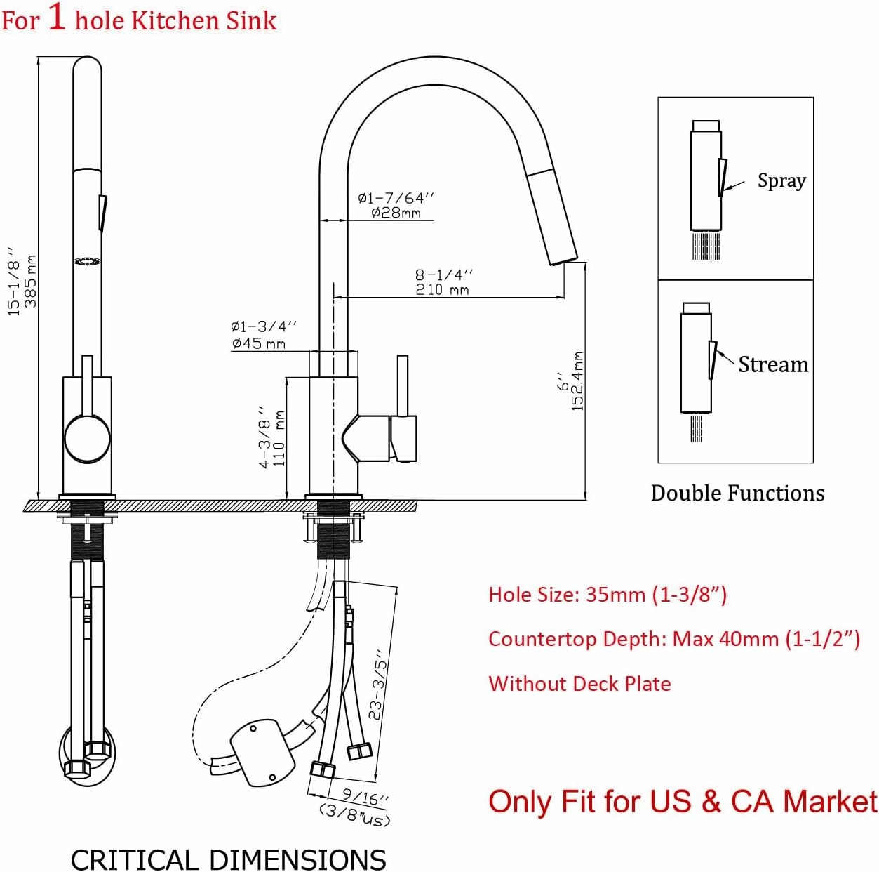 Havin Brushed and Black Pull Down Kitchen Faucet with ABS Sprayer,High Arc Stainless Steel Material,with cUPC Ceramic Cartridge,Without Deck Plate,Fit for One Hole Kitchen Sink and Laundry Sink