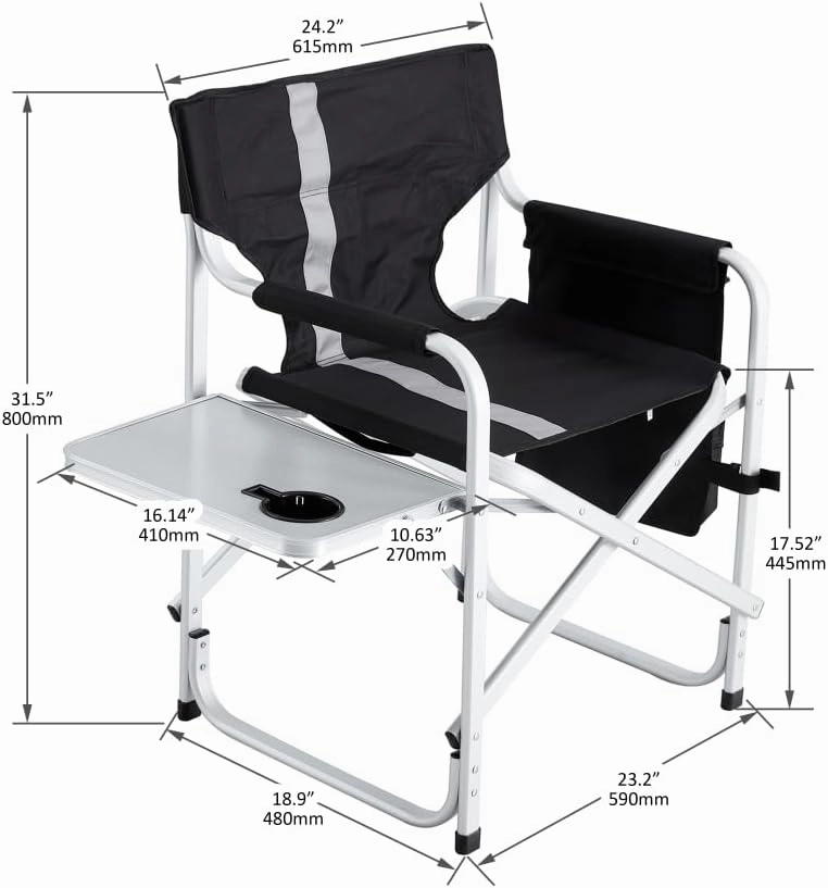 Heavy-Duty 400lb Capacity Oversized Camping Chair with Side Table, Foldable Outdoor Directors Chair with Storage Pockets for Fishing/Picnics, Outdoor Chairs (Black  Gray   Aluminum)