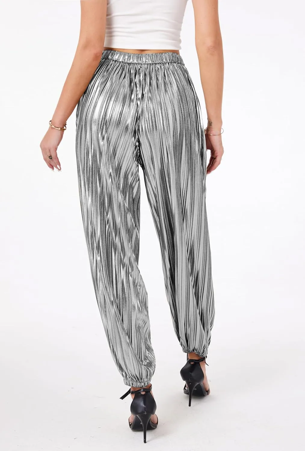heipeiwa Women's Metallic Pleated Sequin Shiny Joggers Pants Party Club Wear Sweatpant Trouser