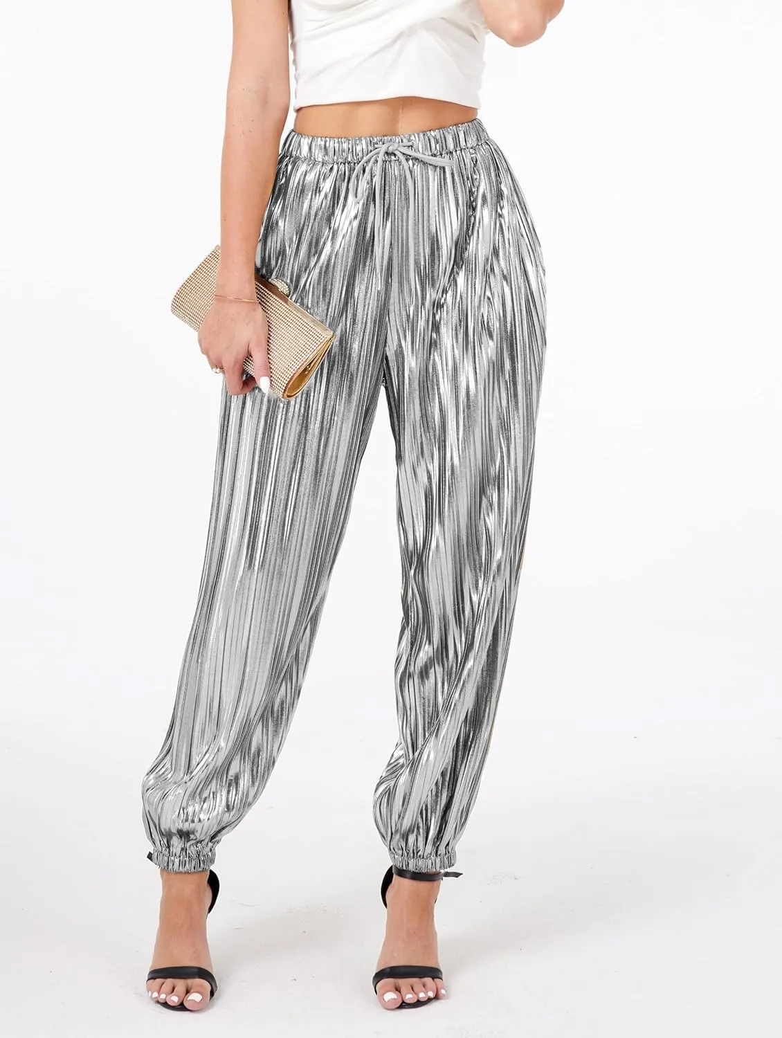 heipeiwa Women's Metallic Pleated Sequin Shiny Joggers Pants Party Club Wear Sweatpant Trouser