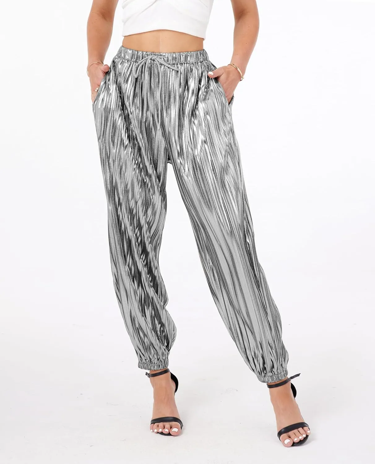 heipeiwa Women's Metallic Pleated Sequin Shiny Joggers Pants Party Club Wear Sweatpant Trouser