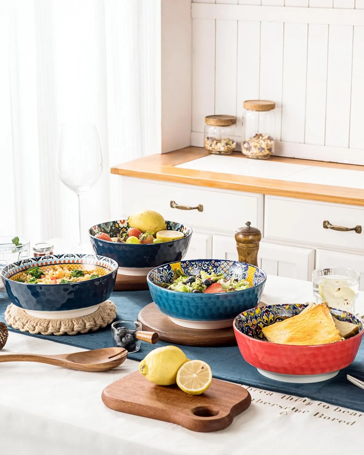 HENXFEN LEAD Large Salad Bowl Sets for Serving Pho, Ramen, Soup, Fruit, Snacks - 48 Oz Big Ceramic Bowls for Family, Kitchen Cooking, Dinner Party - Set of 2