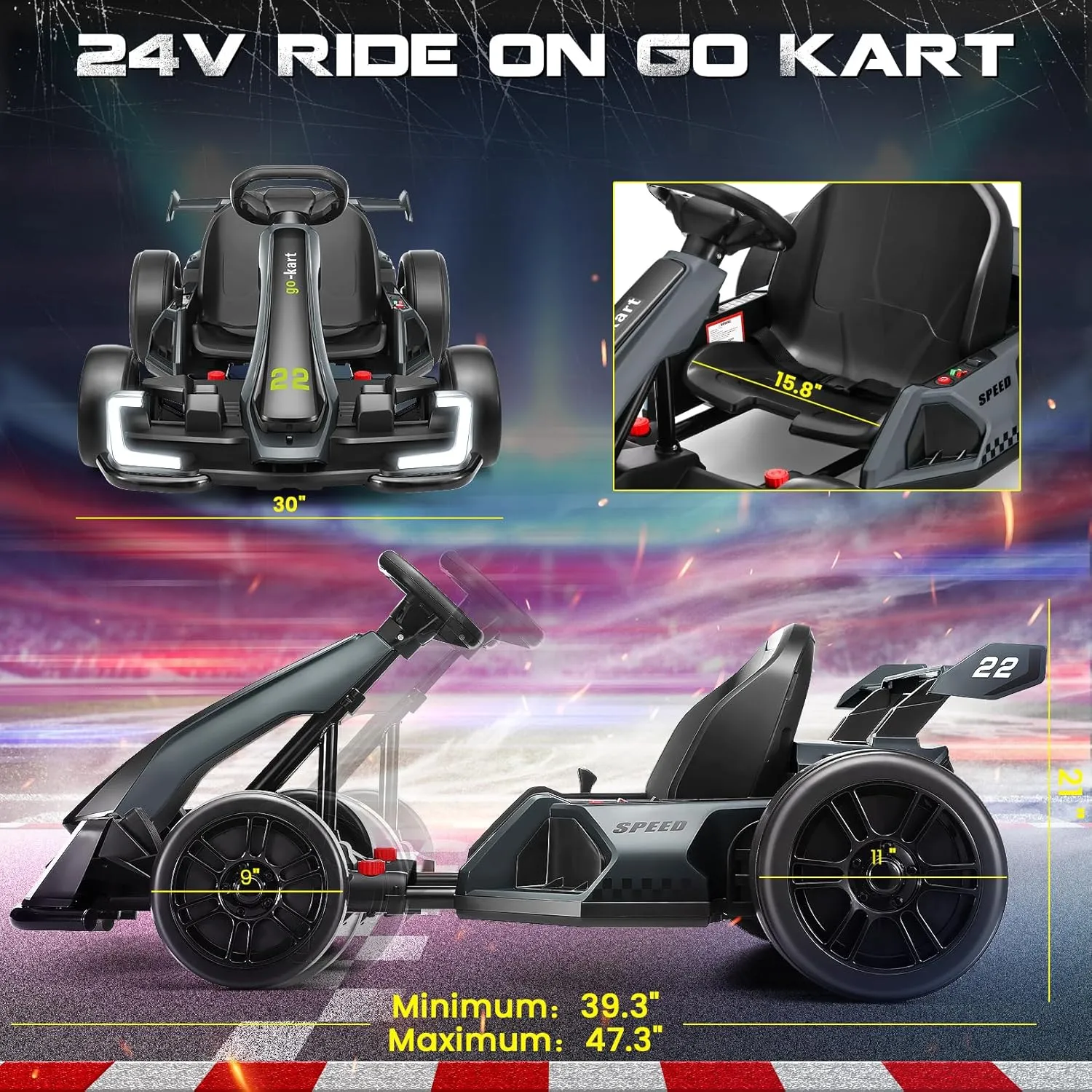 Hikole Electric Go Kart for Kids, 24V Drift Cart with Adjustable Seat, 3 Speed Mode, Fast 300W Motor, 8.5 MPH, EVA Tires, Ride on Toys for Kids 6-12 Years Old, Black