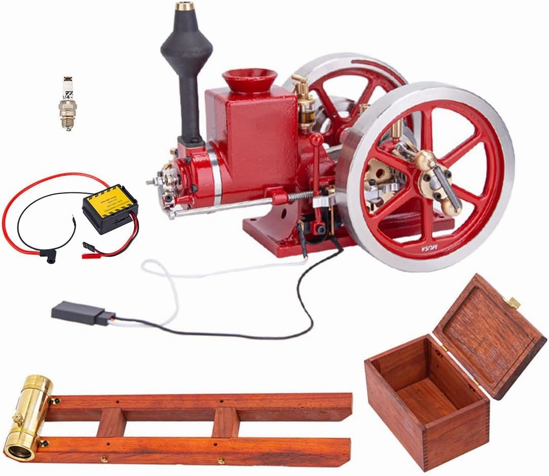 Hit and Miss Engine Model Kit with Base Equipment Box, CDI Igniter, Spark Plug, HM-01 7cc Metal Engine 4-Stroke Engine Horizontal IC Engine Model That Works (Assembled Version)