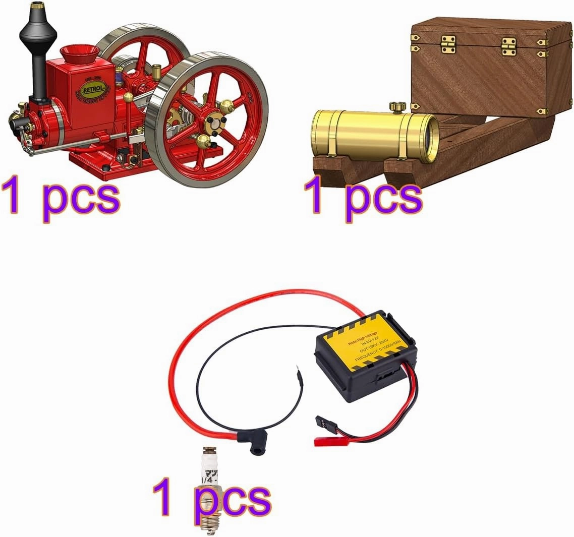 Hit and Miss Engine Model Kit with Base Equipment Box, CDI Igniter, Spark Plug, HM-01 7cc Metal Engine 4-Stroke Engine Horizontal IC Engine Model That Works (Assembled Version)