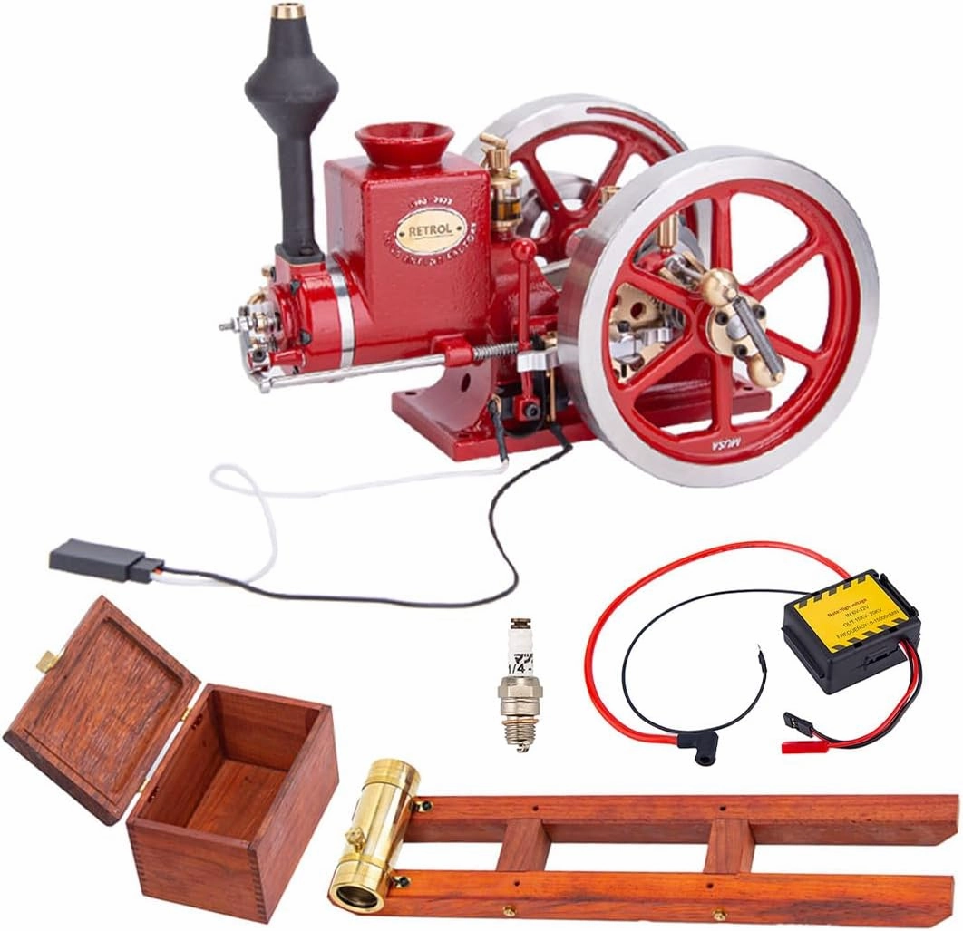 Hit and Miss Engine Model Kit with Base Equipment Box, CDI Igniter, Spark Plug, HM-01 7cc Metal Engine 4-Stroke Engine Horizontal IC Engine Model That Works (Assembled Version)