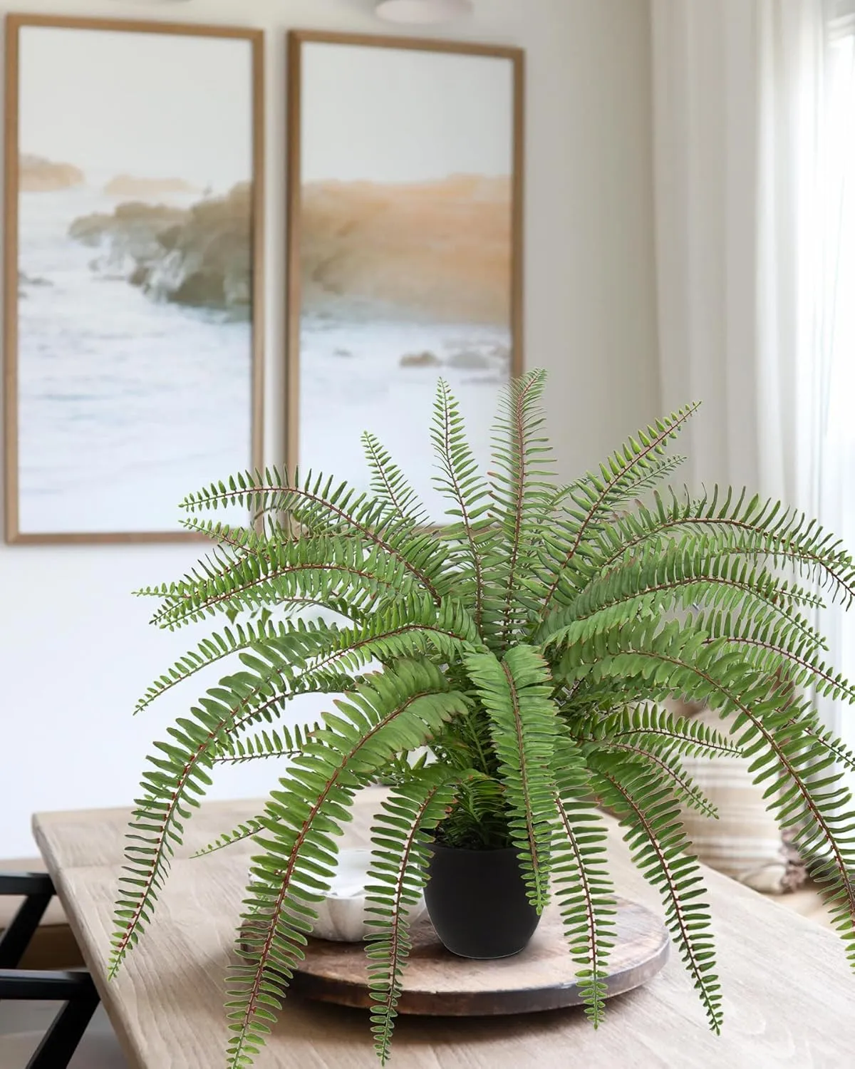Hollyone Large Artificial Fern Potted Plant for Outdoors & Indoors - Lifelike Faux Boston Fern - Black Pot - Garden, Patio, Home, Farmhouse, Windowsill, Office Decoration