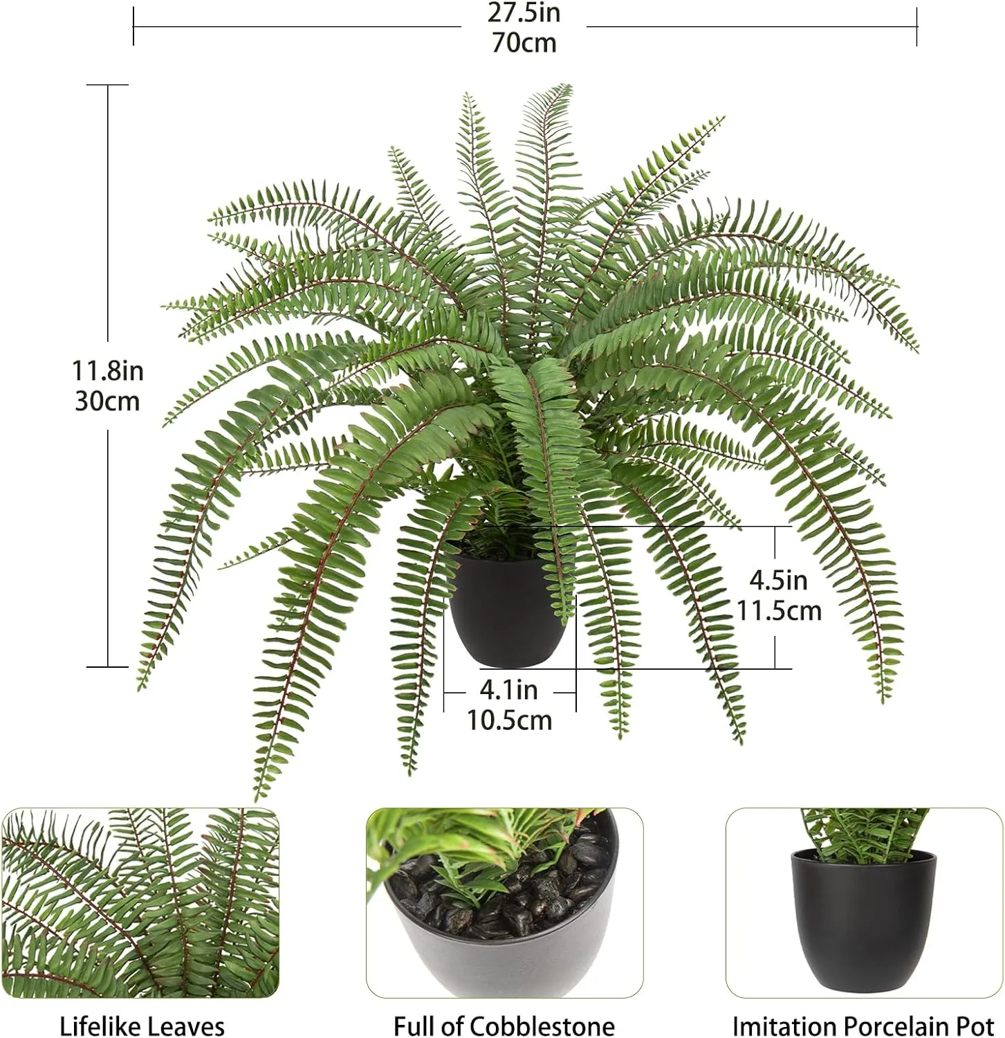 Hollyone Large Artificial Fern Potted Plant for Outdoors & Indoors - Lifelike Faux Boston Fern - Black Pot - Garden, Patio, Home, Farmhouse, Windowsill, Office Decoration
