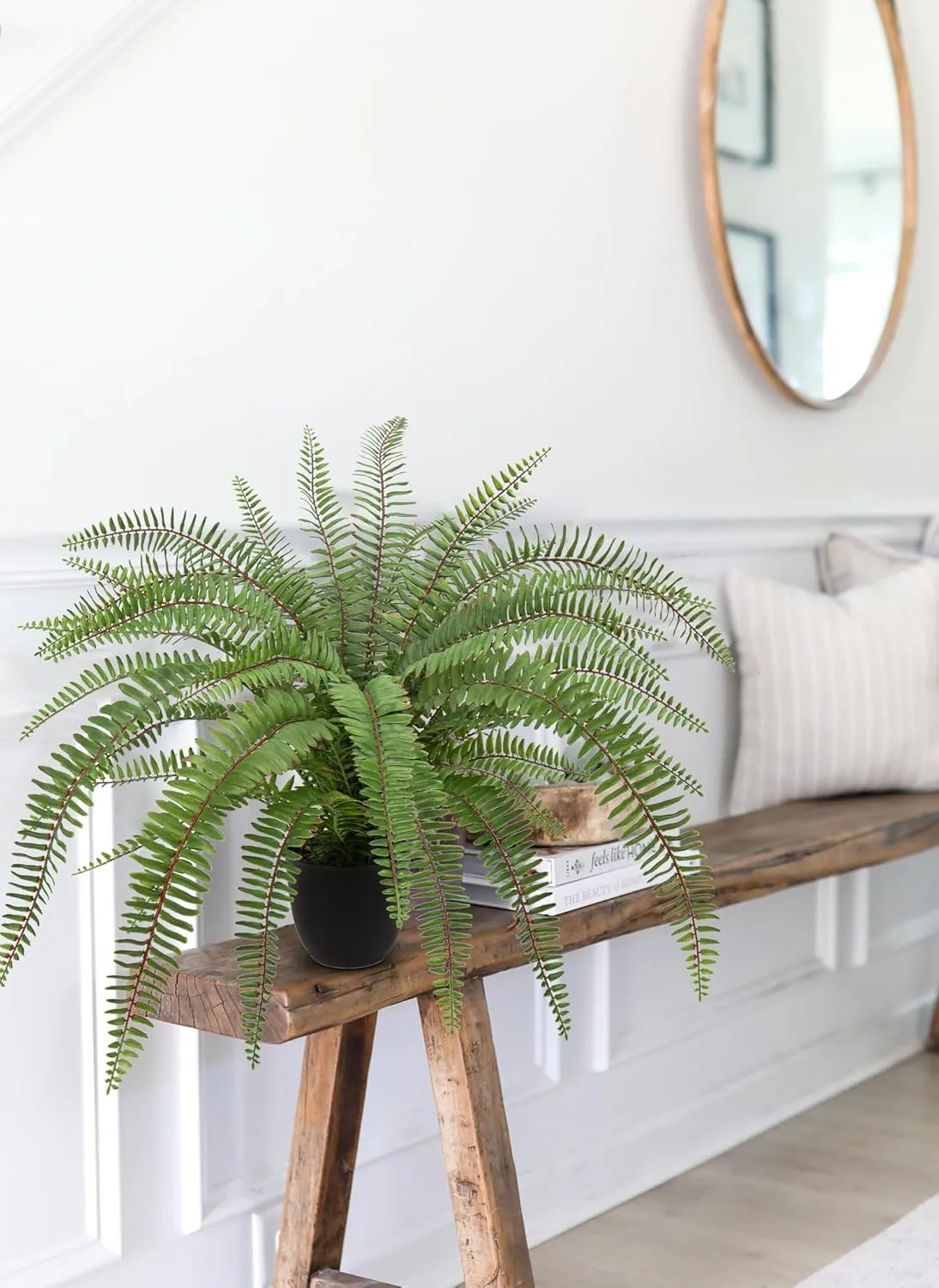 Hollyone Large Artificial Fern Potted Plant for Outdoors & Indoors - Lifelike Faux Boston Fern - Black Pot - Garden, Patio, Home, Farmhouse, Windowsill, Office Decoration