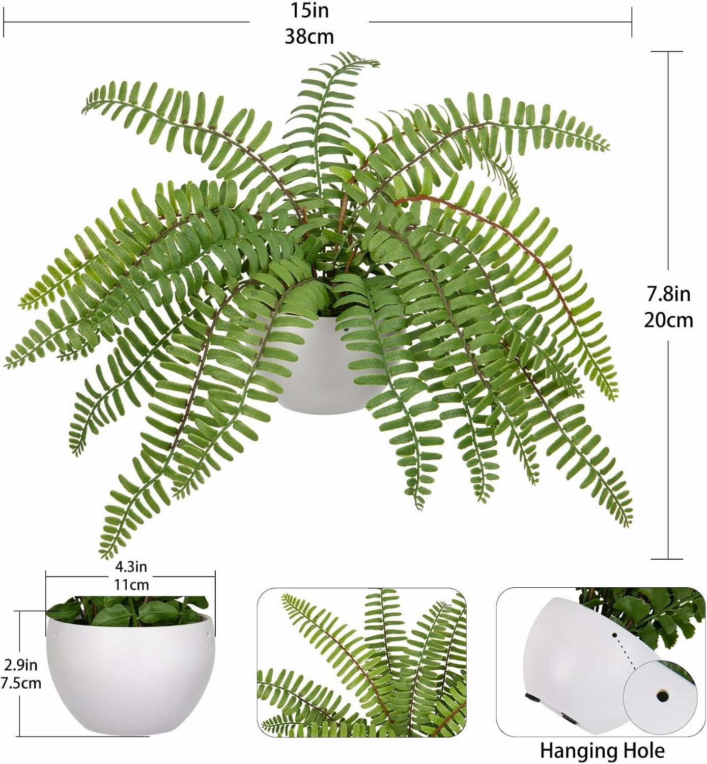 Hollyone Artificial Fern Potted Plant for Outdoors Indoors - Lifelike Faux Boston Fern in White Pot for Garden, Patio, Home, Farmhouse, Windowsill, Office Decoration