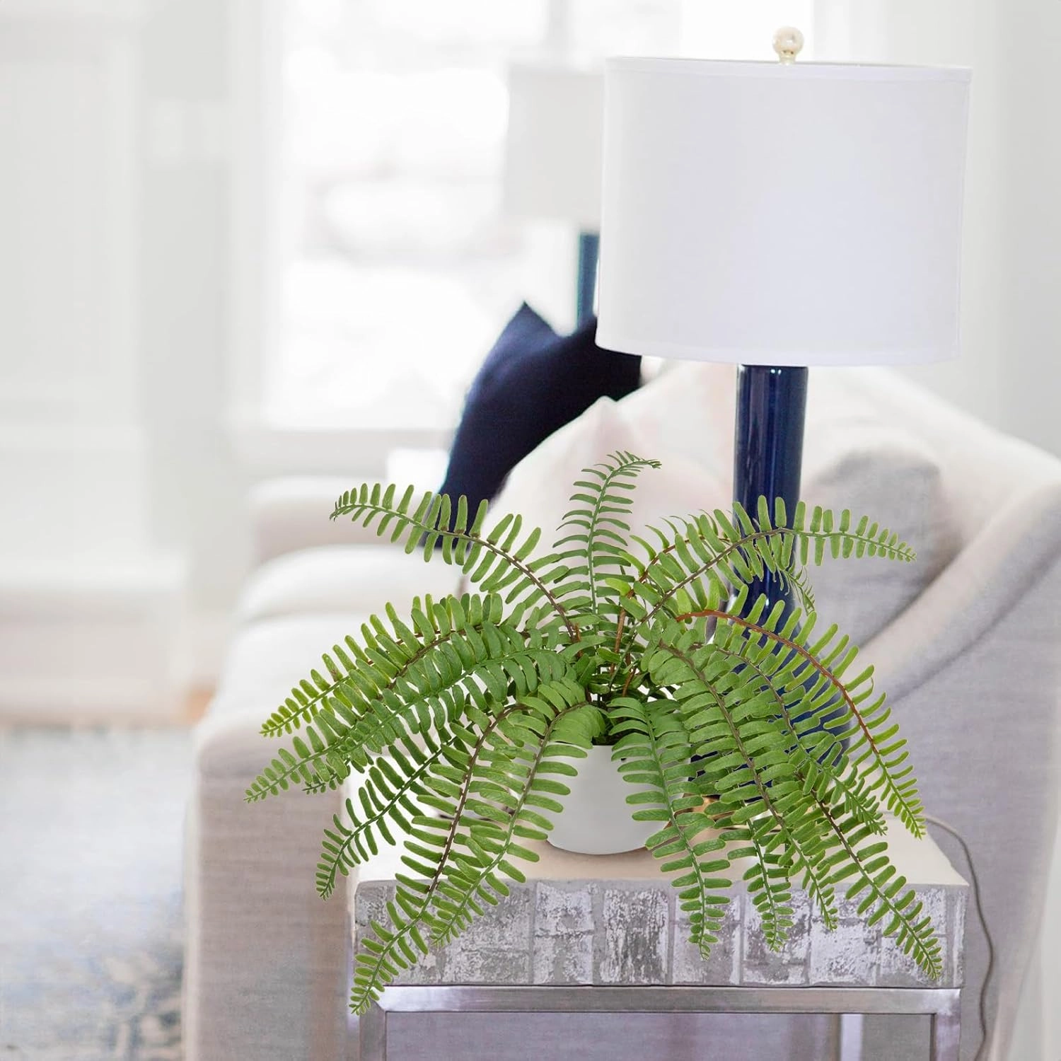 Hollyone Artificial Fern Potted Plant for Outdoors Indoors - Lifelike Faux Boston Fern in White Pot for Garden, Patio, Home, Farmhouse, Windowsill, Office Decoration