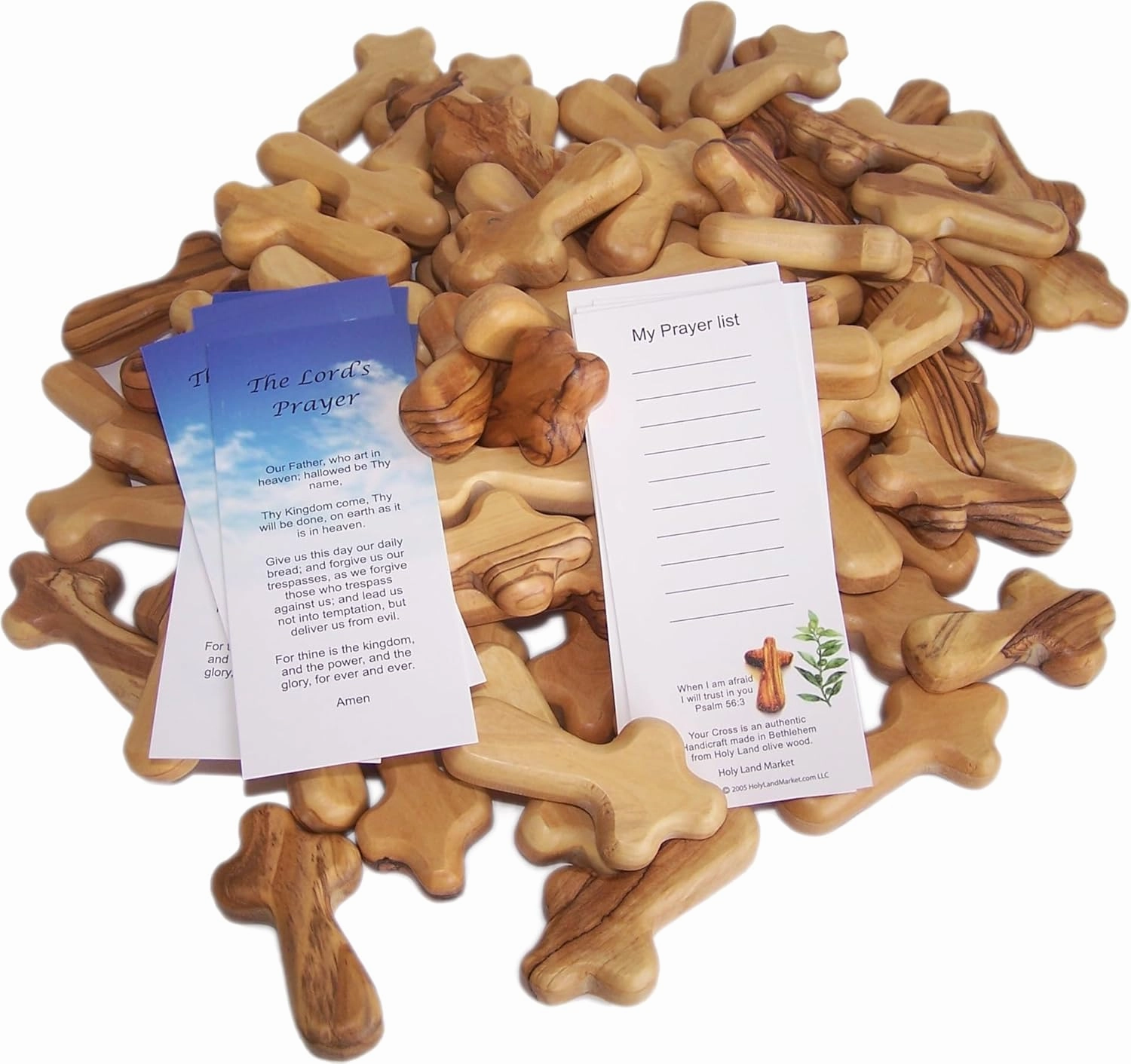 Holy Land Market 100 Small Olive Wood Hand Crosses - 2.5 Inch Pocket Palm Crucifix | Handmade Jerusalem Crosses - Christian Gifts with Certificates & Lord Prayer Card | Meditation & Prayer Crosses