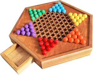 HOLYKING 12.6 Inchs Wooden Chinese Checkers with Drawer-Traditional Board Game with Set of 16mm 60 12 Colorful Acrylic Marbles, Classic Strategy Family Game for up to 6 Players