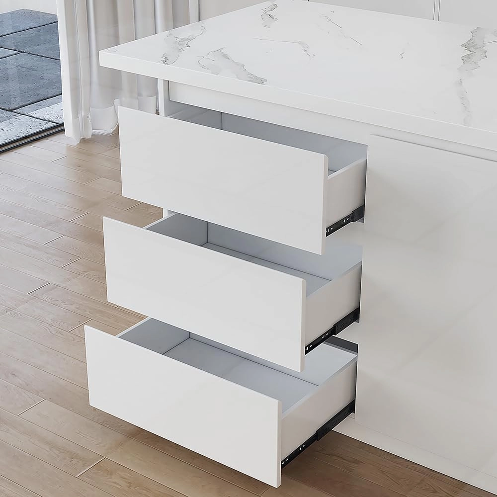 homary 72" Kitchen Island with Storage Kitchen Cabinet Marble Veneered Top Large Island Table with Seating (Contemporary, White with 4 Chairs)