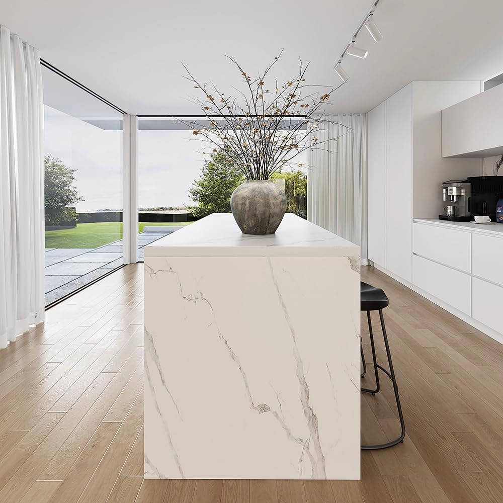 homary 72" Kitchen Island with Storage Kitchen Cabinet Marble Veneered Top Large Island Table with Seating (Contemporary, White with 4 Chairs)