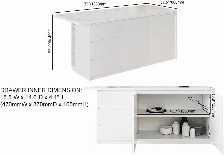 homary 72" Kitchen Island with Storage Kitchen Cabinet Marble Veneered Top Large Island Table with Seating (Contemporary, White with 4 Chairs)