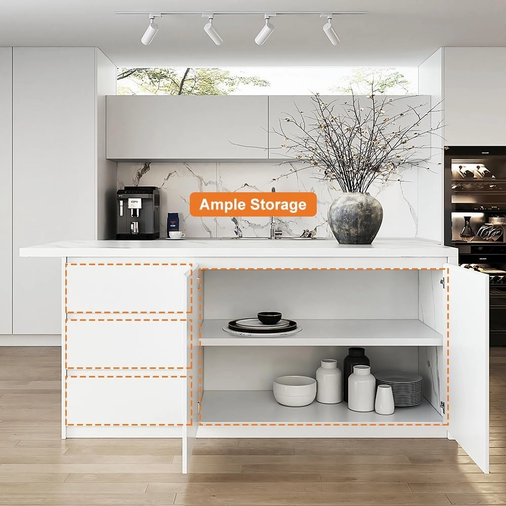 homary 72" Kitchen Island with Storage Kitchen Cabinet Marble Veneered Top Large Island Table with Seating (Contemporary, White with 4 Chairs)
