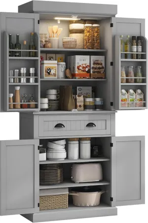 HOMCOM 71" Kitchen Pantry Cabinet with LED Motion Sensor Light, Tall Storage Cabinet with 6 Door Shelves, Drawer & Adjustable Shelves, for Living & Dining Room, Gray
