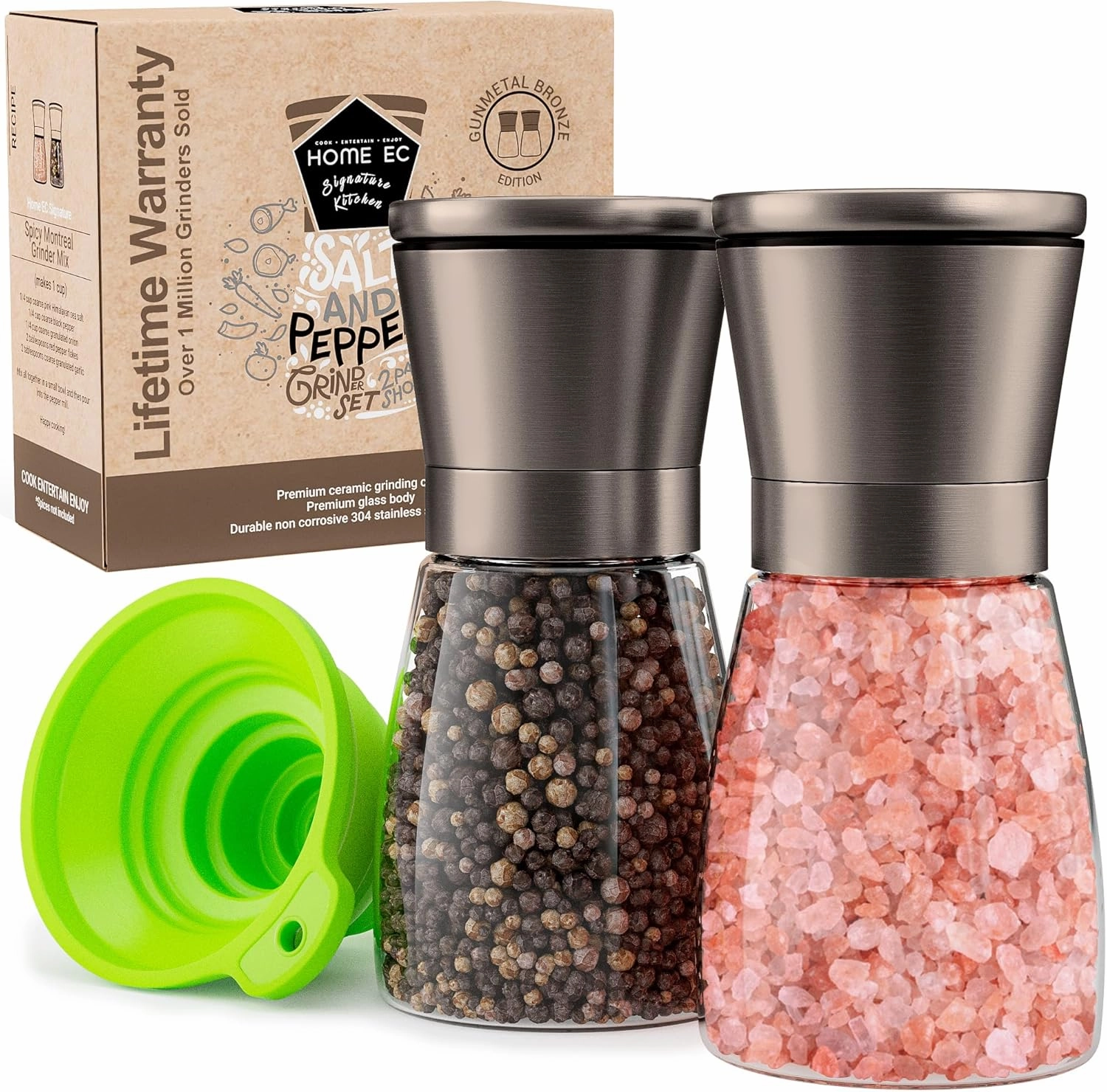 Home EC Original Gun Metal Bronze Salt and Pepper Grinder Set of 2 - Adjustable Ceramic Grinder - Glass Salt and Pepper Shakers With Funnel and Ebook - Spice Mill - Bronze Kitchen Accessories