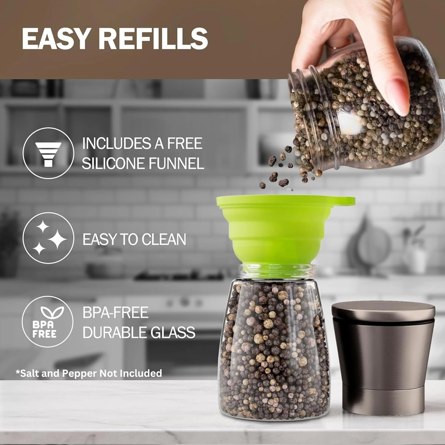 Home EC Original Gun Metal Bronze Salt and Pepper Grinder Set of 2 - Adjustable Ceramic Grinder - Glass Salt and Pepper Shakers With Funnel and Ebook - Spice Mill - Bronze Kitchen Accessories
