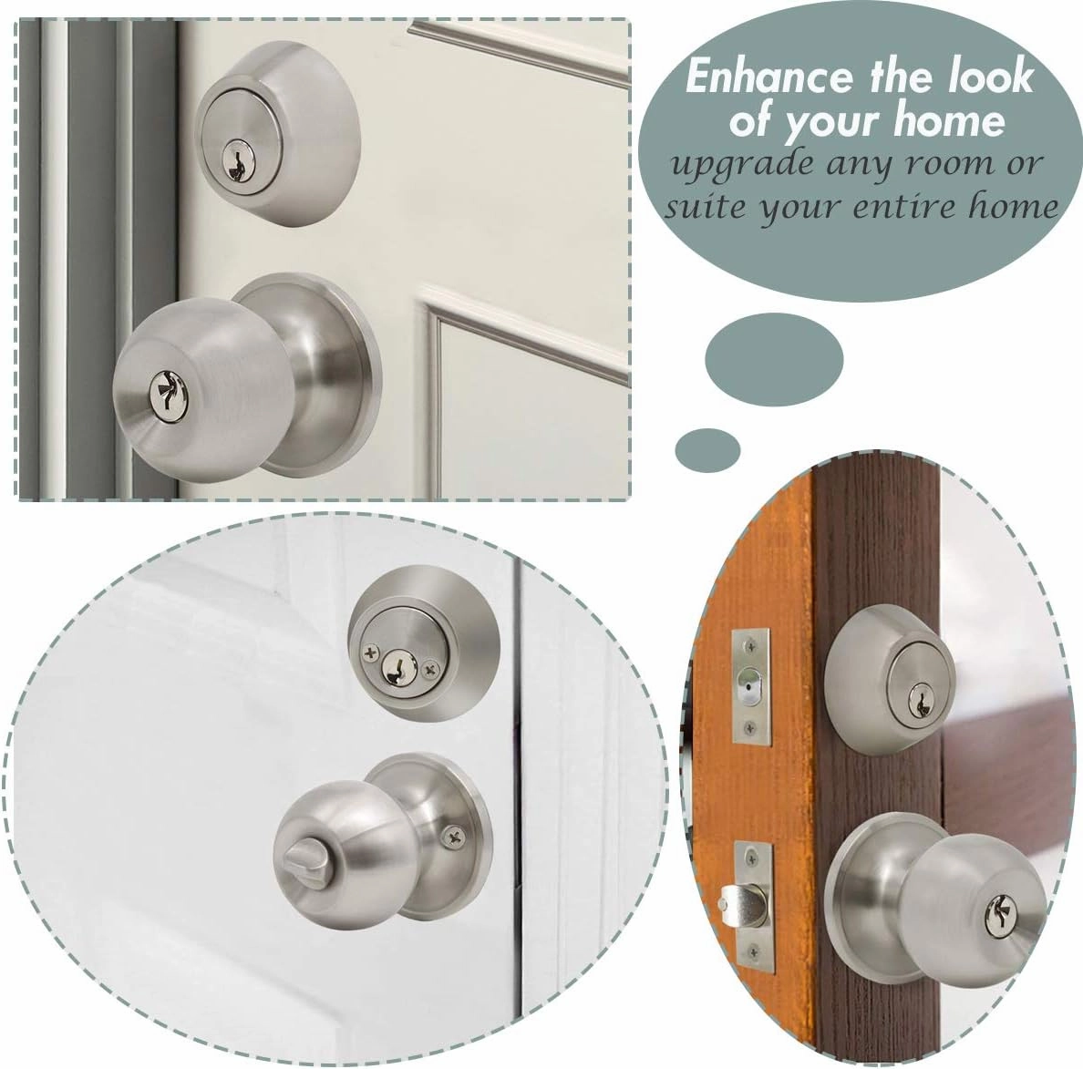 home improvement direct 2 Pack Keyed Alike Entry Door Knobs/Keyed Door Lock, Double Cylinder Keyed Deadbolt with Matching Round Style Knob, Classic Satin Nickel Finish, Door Hardware & Lock