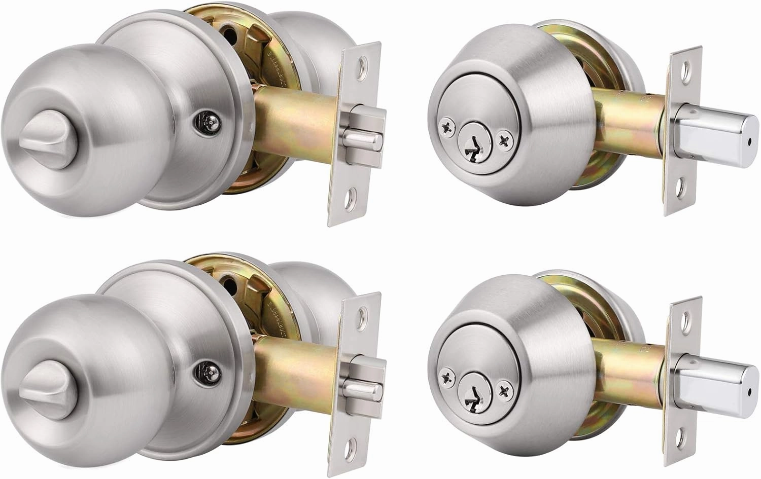 home improvement direct 2 Pack Keyed Alike Entry Door Knobs/Keyed Door Lock, Double Cylinder Keyed Deadbolt with Matching Round Style Knob, Classic Satin Nickel Finish, Door Hardware & Lock