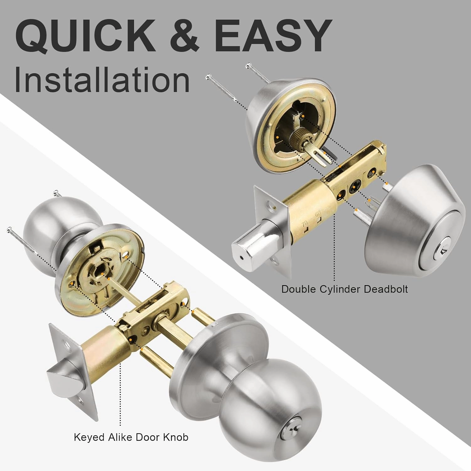 home improvement direct 2 Pack Keyed Alike Entry Door Knobs/Keyed Door Lock, Double Cylinder Keyed Deadbolt with Matching Round Style Knob, Classic Satin Nickel Finish, Door Hardware & Lock