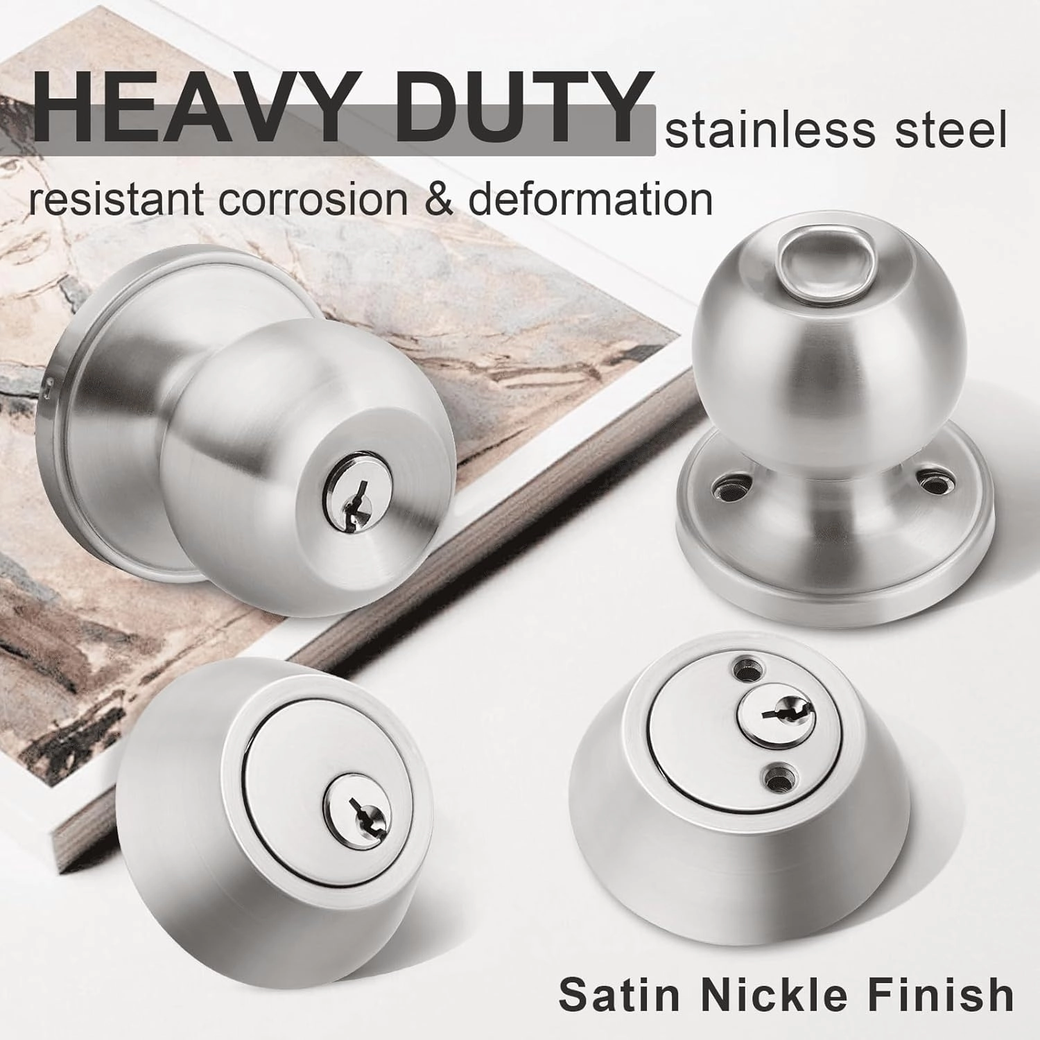 home improvement direct 2 Pack Keyed Alike Entry Door Knobs/Keyed Door Lock, Double Cylinder Keyed Deadbolt with Matching Round Style Knob, Classic Satin Nickel Finish, Door Hardware & Lock