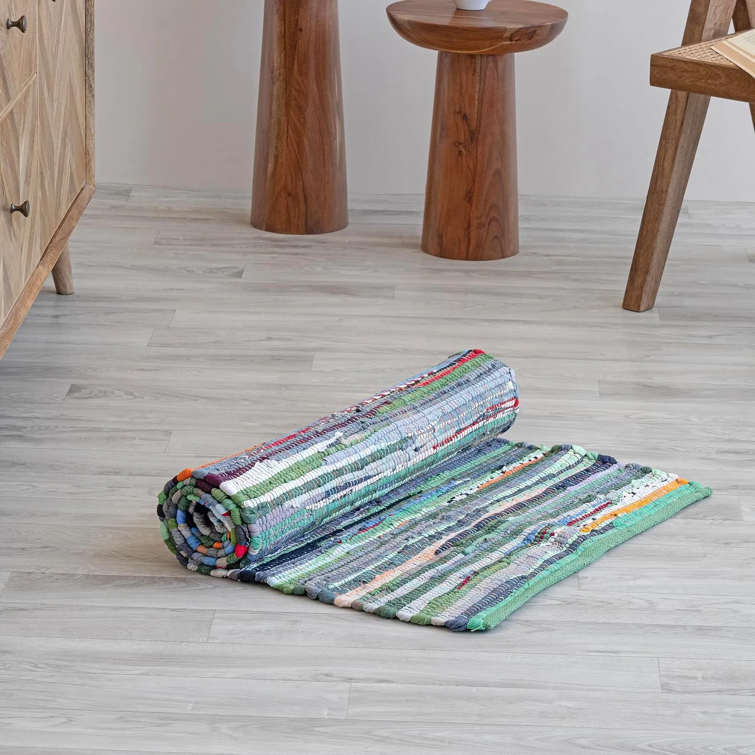 HOMEMONDE Chindi Runner Area Rug 2x6 feet Recycled Soft Cotton Rugs Hand Crafted Reversible Boho Home Decor for Kitchen, Entyrway, Bedroom, Living Room - Multi Green