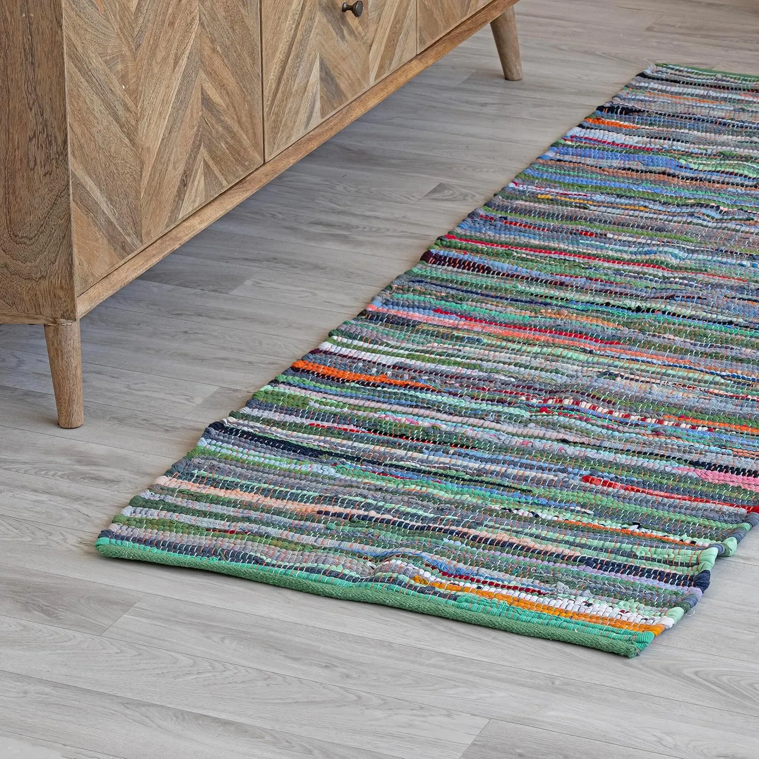 HOMEMONDE Chindi Runner Area Rug 2x6 feet Recycled Soft Cotton Rugs Hand Crafted Reversible Boho Home Decor for Kitchen, Entyrway, Bedroom, Living Room - Multi Green