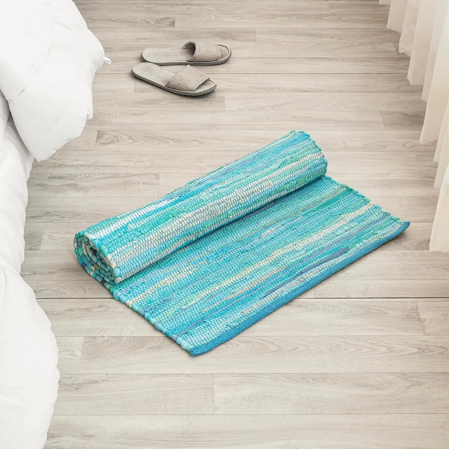 HOMEMONDE Reversible Rag Runner Rug 2x6 ft Teal Recycled Soft Cotton Chindi Rugs Hand Crafted Boho Home Decor for Kitchen, Entyrway, Bedroom, Living Room