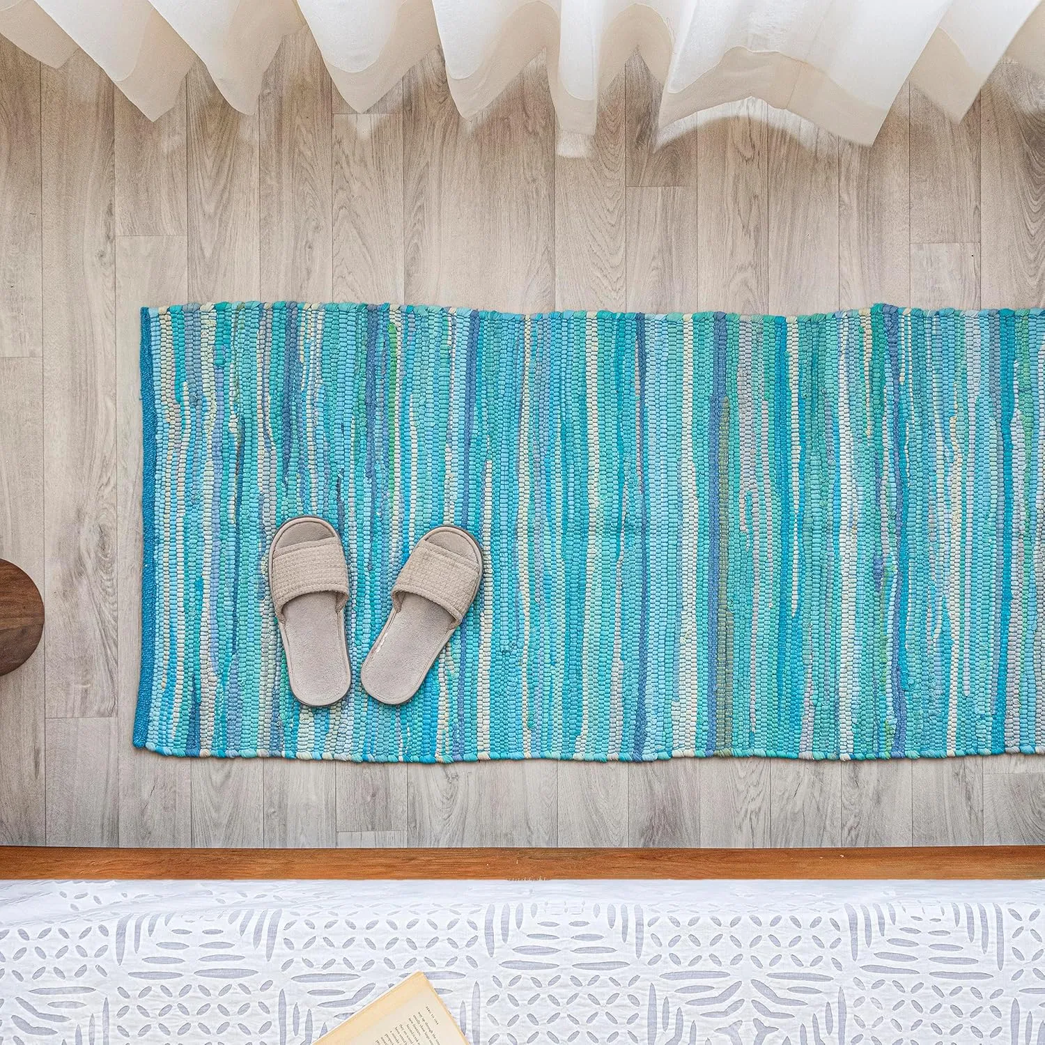 HOMEMONDE Reversible Rag Runner Rug 2x6 ft Teal Recycled Soft Cotton Chindi Rugs Hand Crafted Boho Home Decor for Kitchen, Entyrway, Bedroom, Living Room