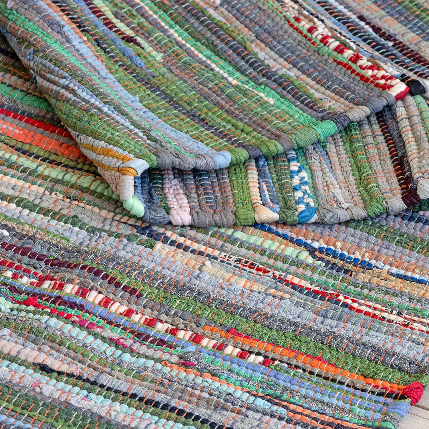 HOMEMONDE Chindi Runner Area Rug 2x8 feet Recycled Soft Cotton Rugs Hand Crafted Reversible Boho Home Decor for Kitchen, Entyrway, Bedroom, Living Room - Multi Green