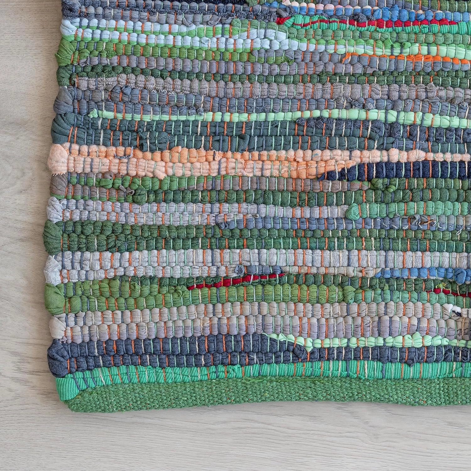 HOMEMONDE Chindi Runner Area Rug 2x8 feet Recycled Soft Cotton Rugs Hand Crafted Reversible Boho Home Decor for Kitchen, Entyrway, Bedroom, Living Room - Multi Green