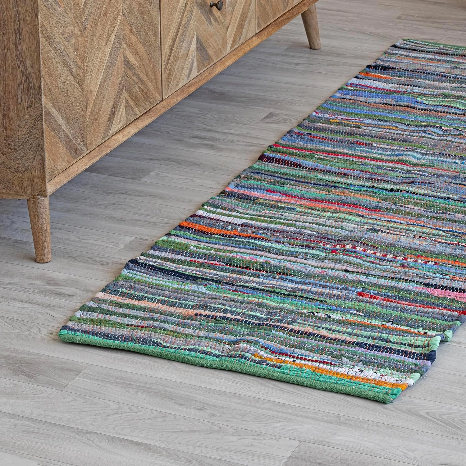 HOMEMONDE Chindi Runner Area Rug 2x8 feet Recycled Soft Cotton Rugs Hand Crafted Reversible Boho Home Decor for Kitchen, Entyrway, Bedroom, Living Room - Multi Green