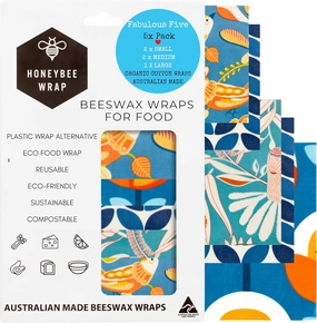 Honeybee Reusable Beeswax Wraps for Food | 5 Pack | Handmade in Australia | Eco Friendly, Organic, Biodegradable, Bee's Wrap for Reusable Bowl Covers and Food Storage | Reusable Cling Wrap