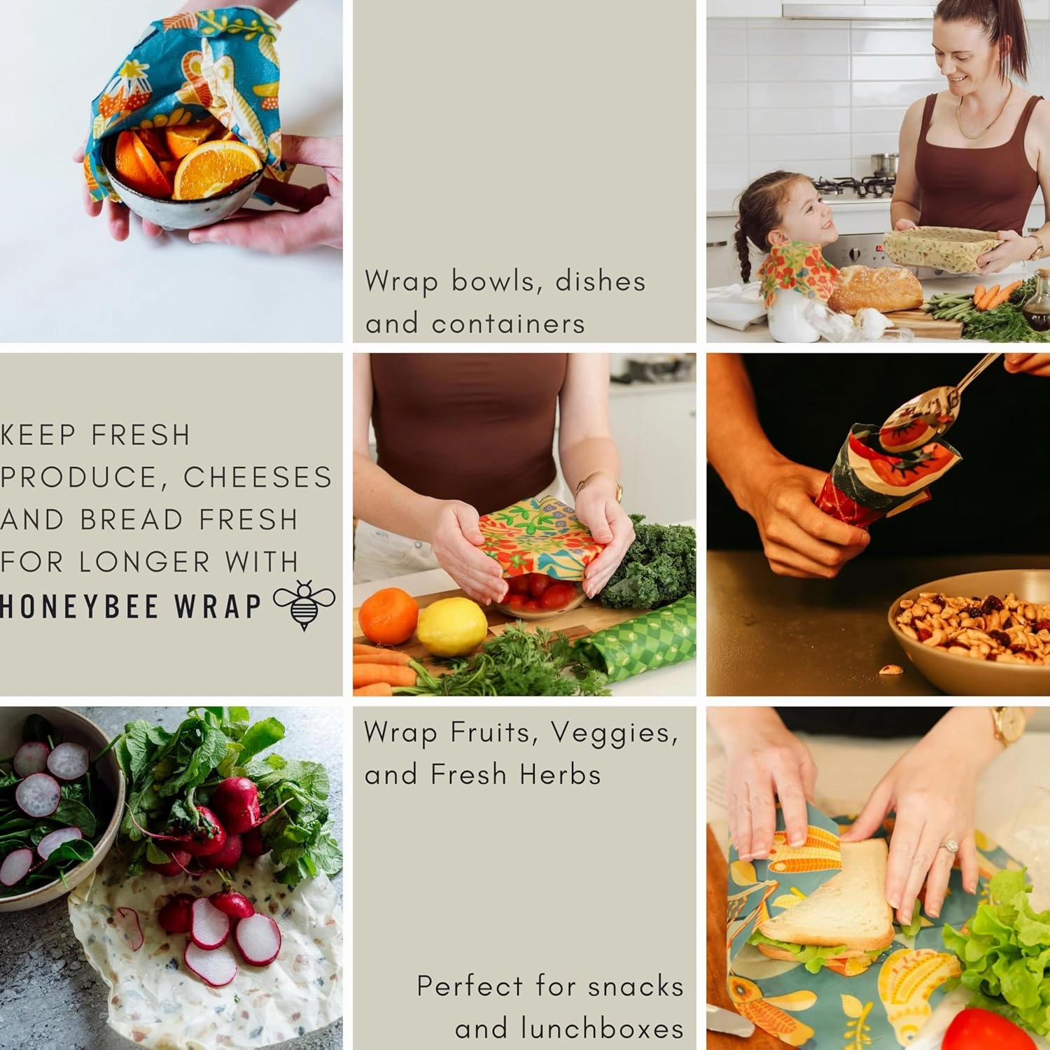 Honeybee Reusable Beeswax Wraps for Food | 5 Pack | Handmade in Australia | Eco Friendly, Organic, Biodegradable, Bee's Wrap for Reusable Bowl Covers and Food Storage | Reusable Cling Wrap