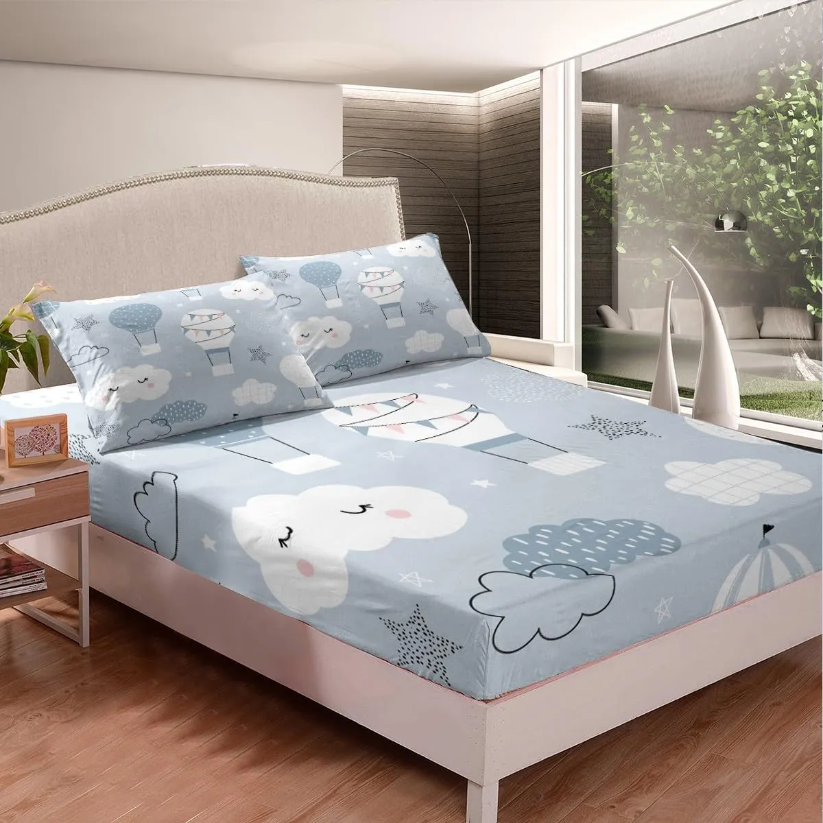 Hot Air Balloon Kids Fitted Sheet Twin Size,Cartoon Cloud Starry Sky Bedding Set,Girls Boys Adults Bedroom Decor,Cute Hand Painted Fashion Bed Cover,Grey Blue Bed Sheet,1 Pillowcase